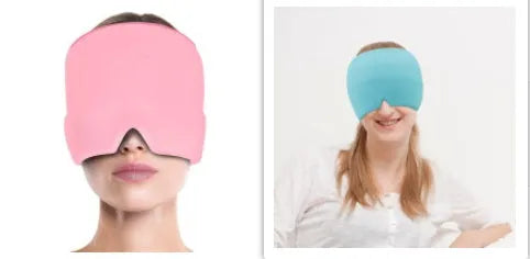 Black elastic cloth gel cold therapy eye mask for headache relief on grey background.