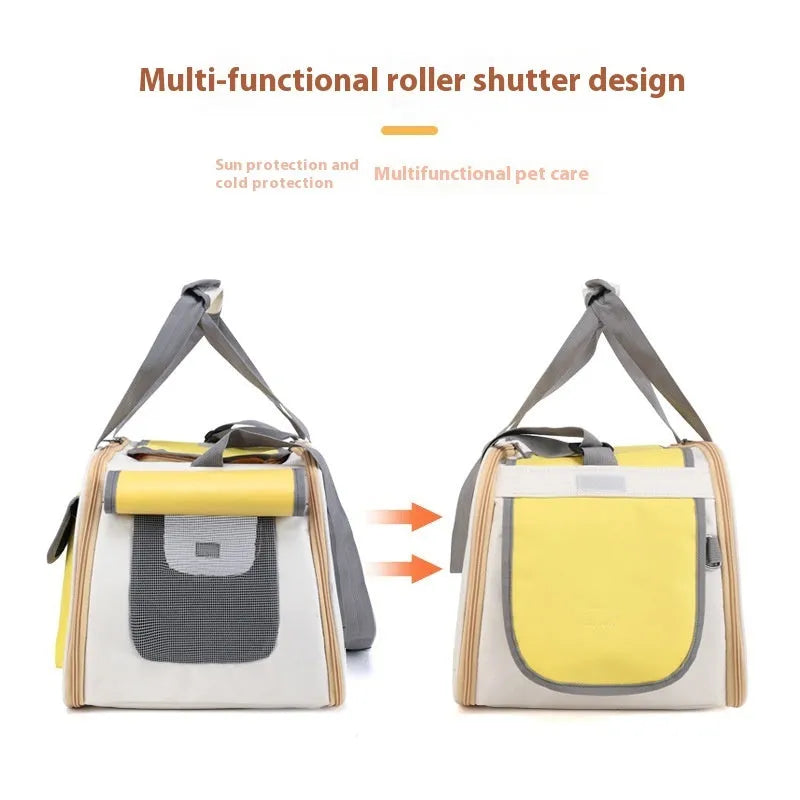 Canvas pet bag in yellow colour showing foldable single shoulder design for cat or small dog transport