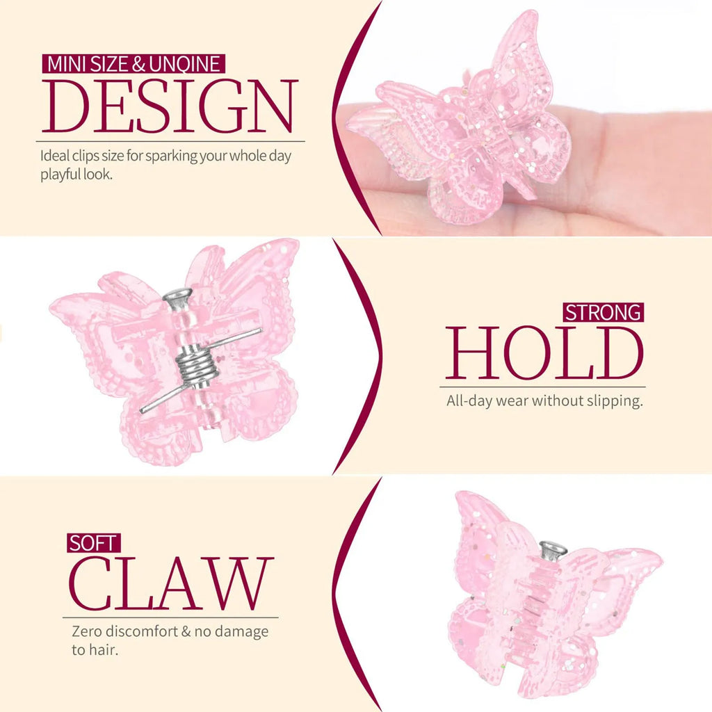 50 glitter butterfly hair claw clips in assorted colours showing plastic metal construction