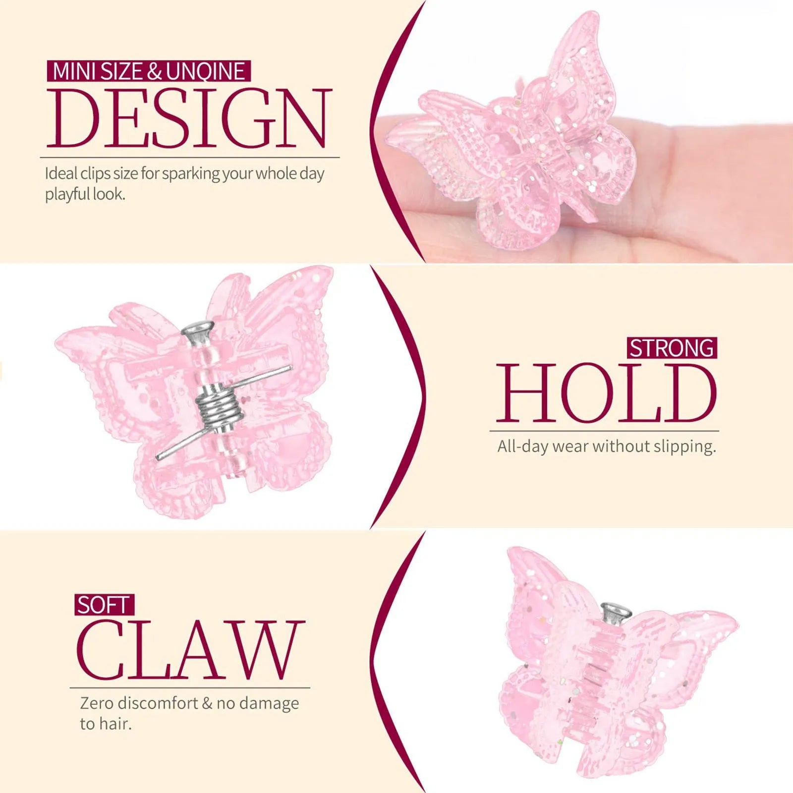 50 glitter butterfly hair claw clips in assorted colours showing plastic metal construction