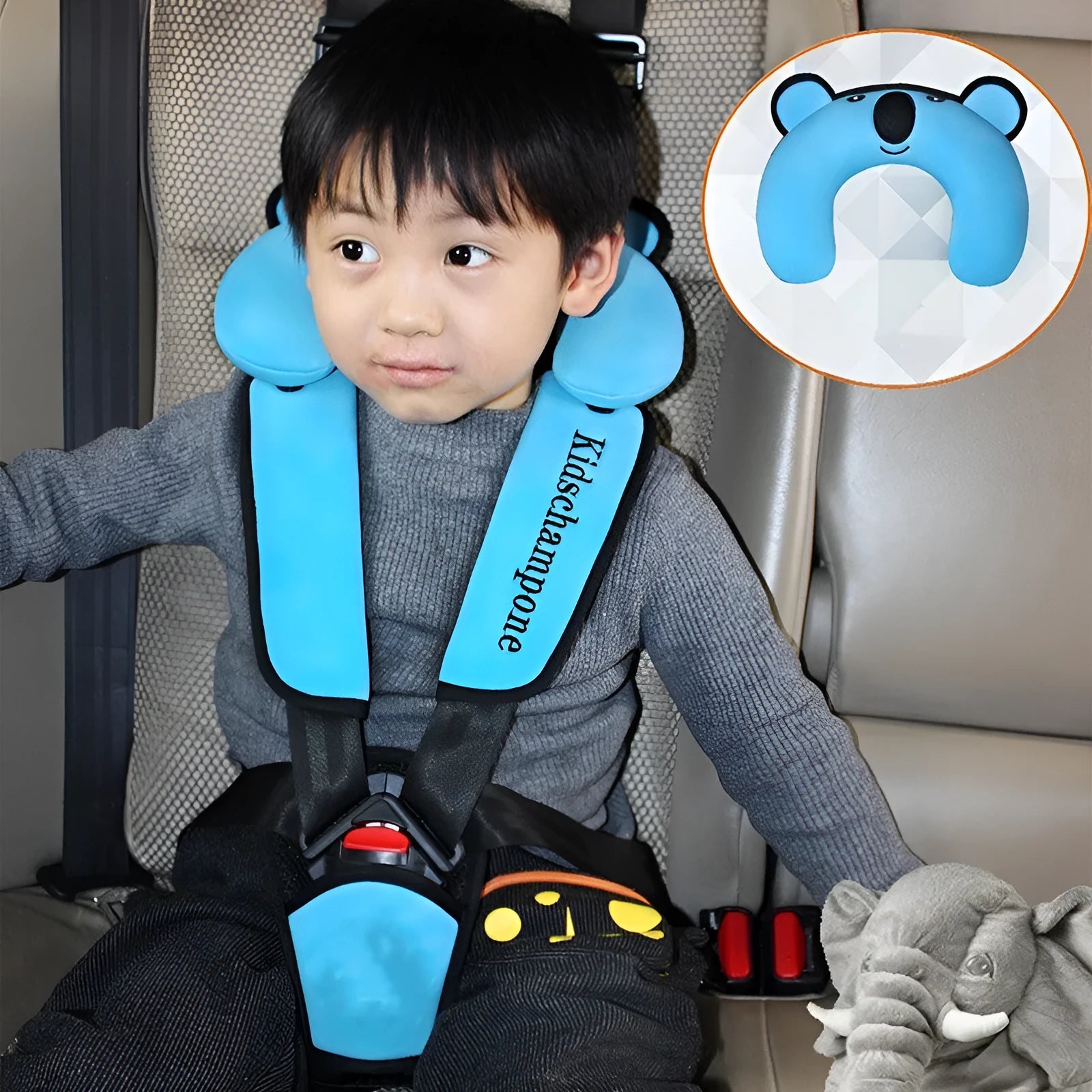 Portable child safety seat in rose pink colour with integrated seat belt retainer.