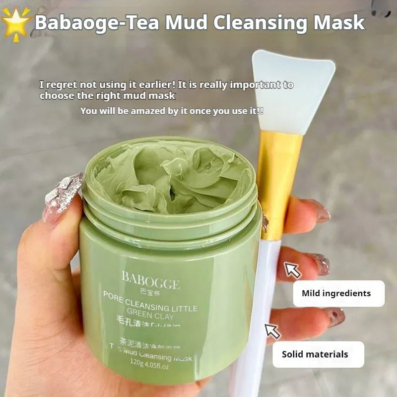 Clay cleansing facial mask in a container, labelled as a 120g non-pulling, dry daub-type formula.