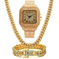 Roman grain graduation quartz watch set with square diamond dial and black mesh band with bracelet and necklace