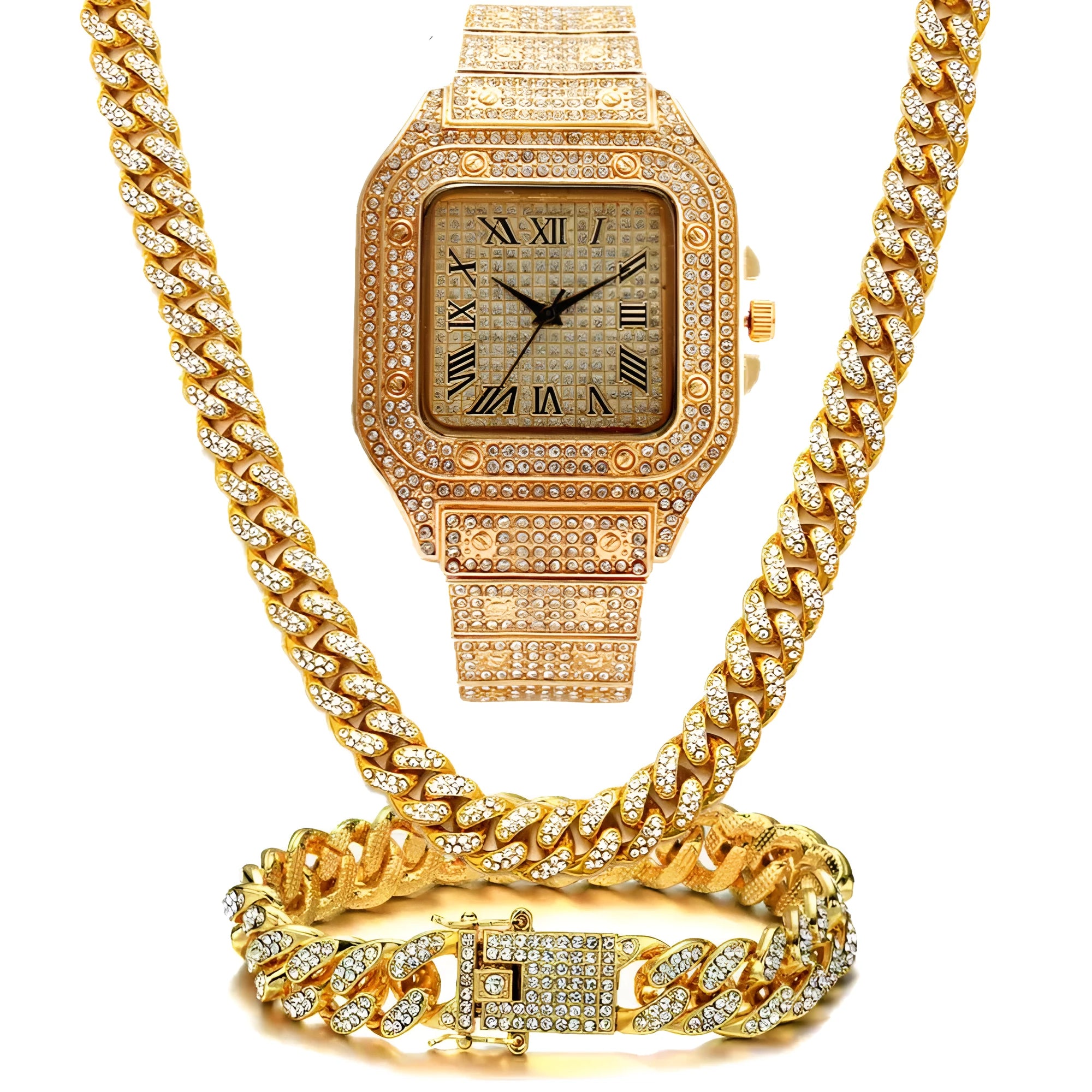 Roman grain graduation quartz watch set with square diamond dial and black mesh band with bracelet and necklace