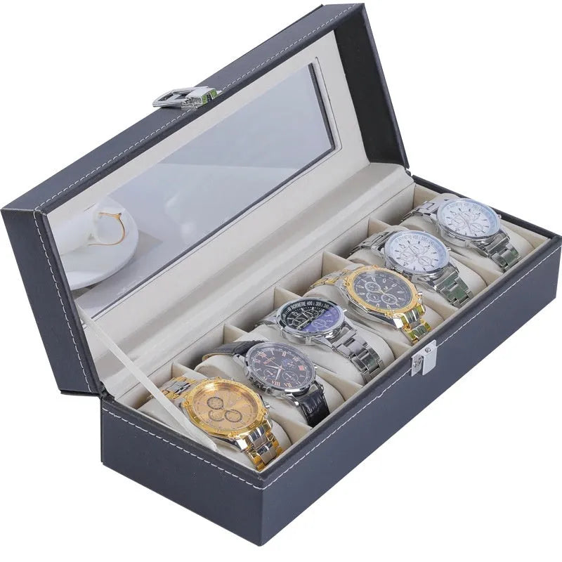 Grey high-grade leather watch storage box with a transparent dustproof lid.
