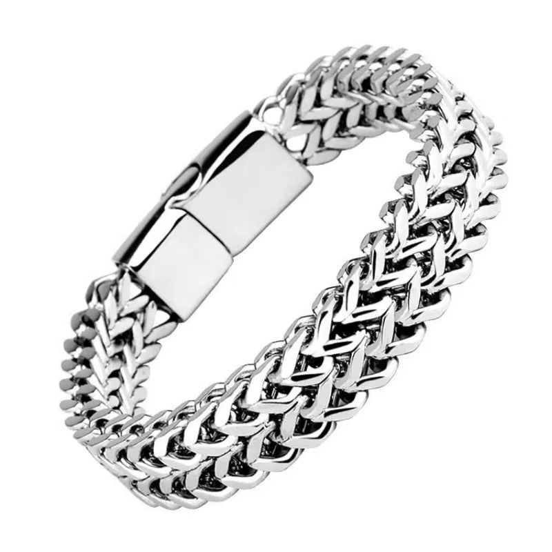 Silver titanium steel hip hop bracelet with geometric design showing front and back view