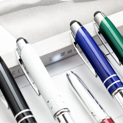 Red multifunctional metal-tipped stylus ballpoint pen with a built-in LED light.