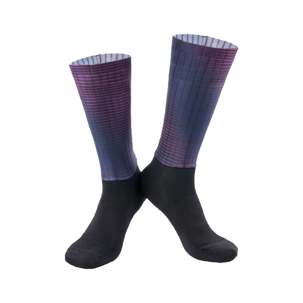 A pair of breathable athletic cycling socks in a chemical fibre blend, shown in one of six available colours.