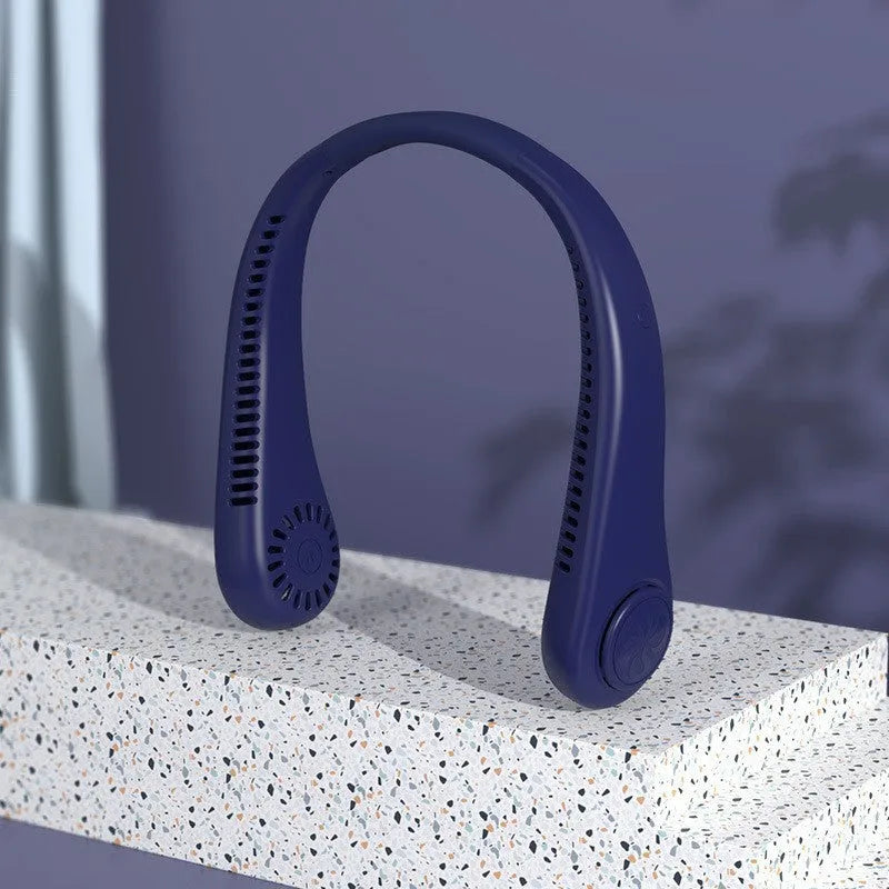 White USB rechargeable bladeless neck fan showing flexible neckband and air outlets.