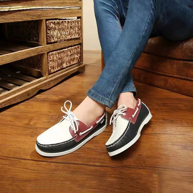 Men's British-style casual shoes with artificial PU uppers in black, white, blue brown, and black and white colour options.