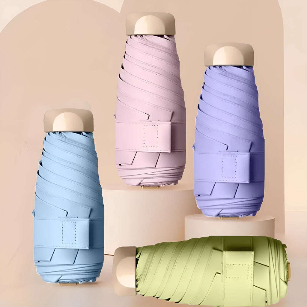 Five-fold gradient vinyl mini sun umbrella open showing colour and alloy frame