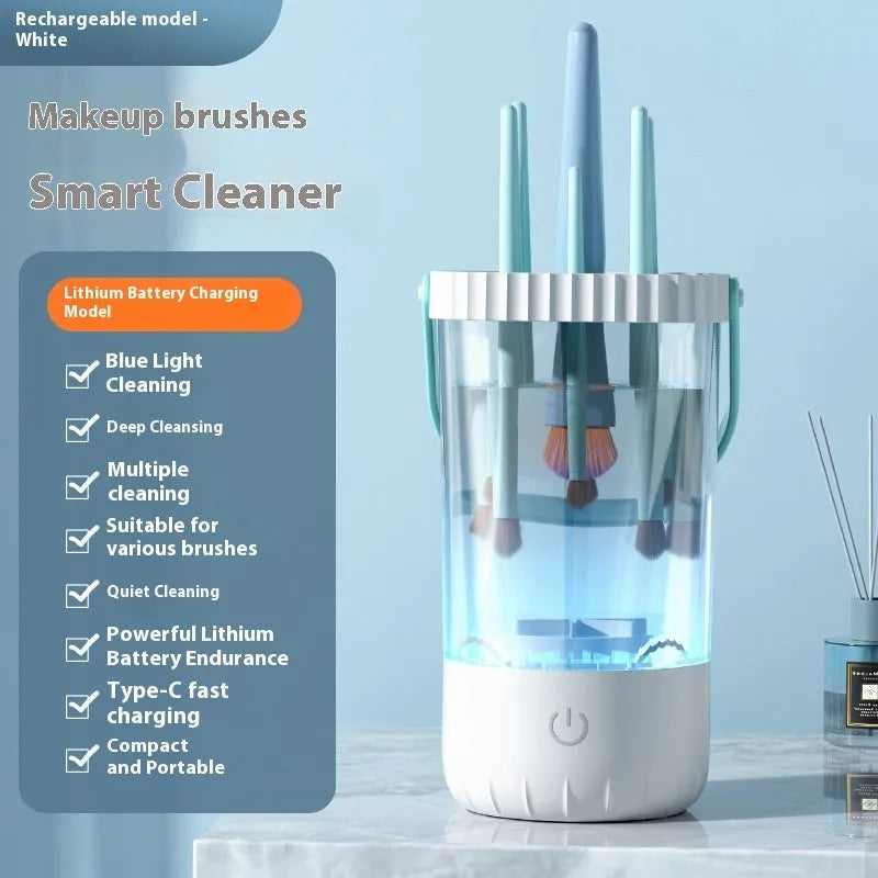 White rechargeable electric makeup brush cleaner with rotating brush head and USB cable