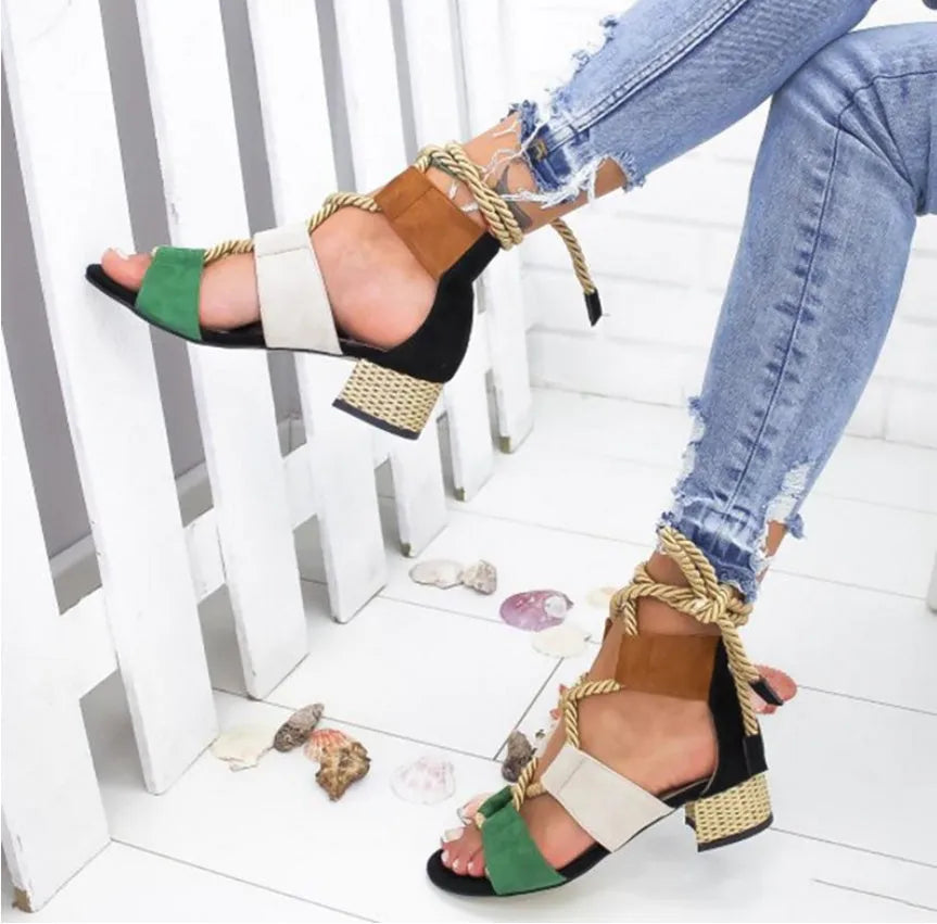 Women's beige suede sandals with fish mouth toe, front strap, ankle strap, and a thick 3-5cm middle heel.