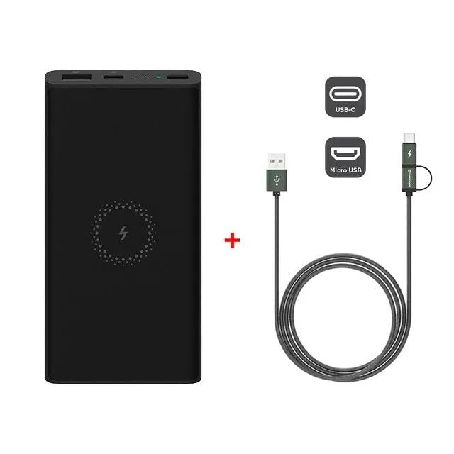 White large capacity 10000mAh power bank with USB port on a wooden table