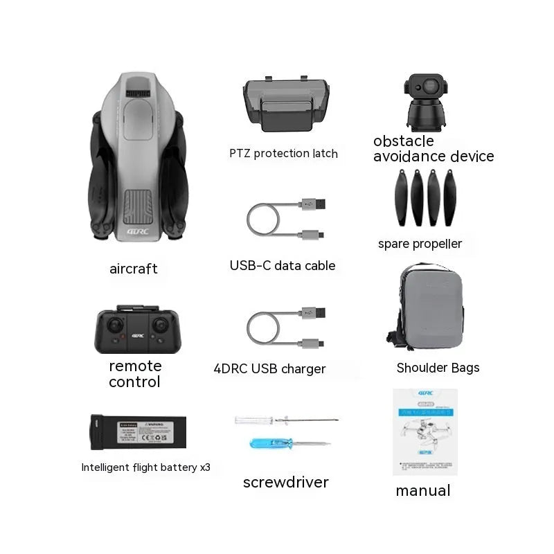 White folding quadcopter drone with camera and propeller guards on a remote control.