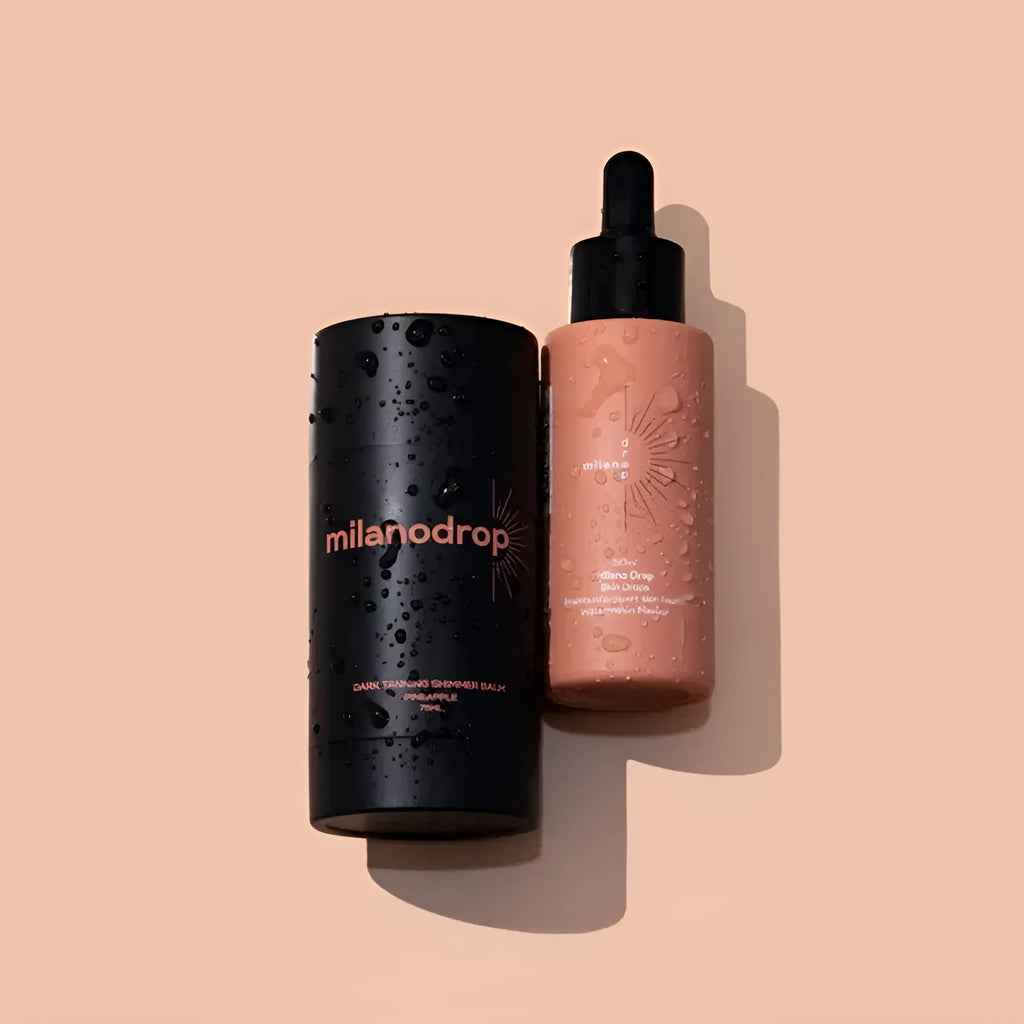 Matte sun tanning black liquid set showing 50ml tanning drops bottle and 75ml tanning flash cream tube.