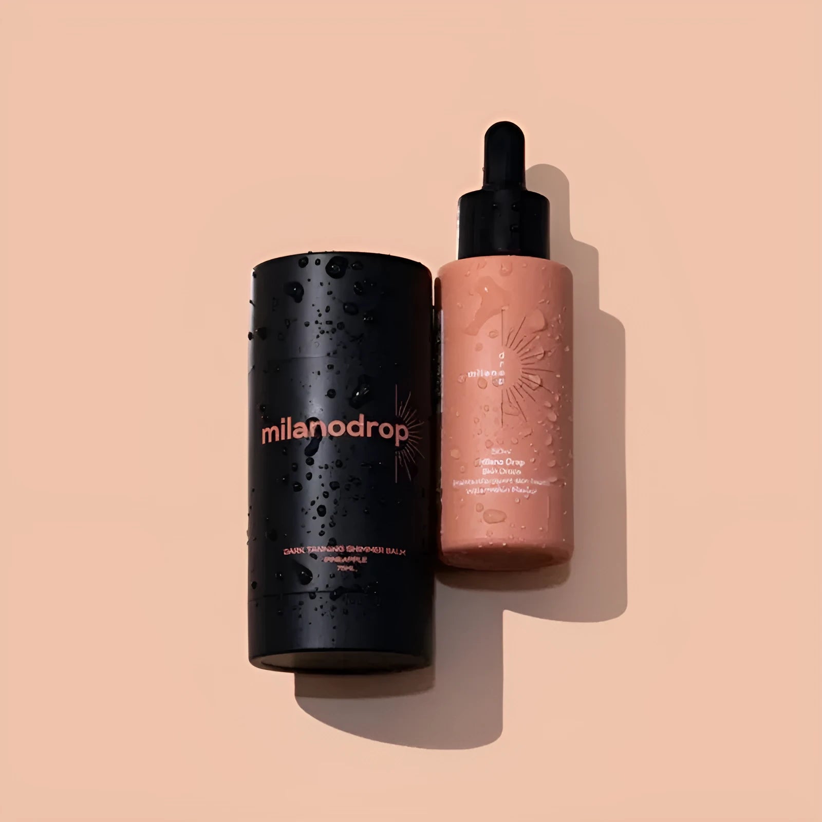 Matte sun tanning black liquid set showing 50ml tanning drops bottle and 75ml tanning flash cream tube.
