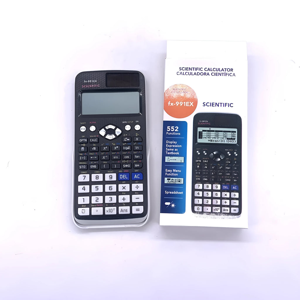 Scientific calculator with natural display in black, blue, or pink options for complex statistics