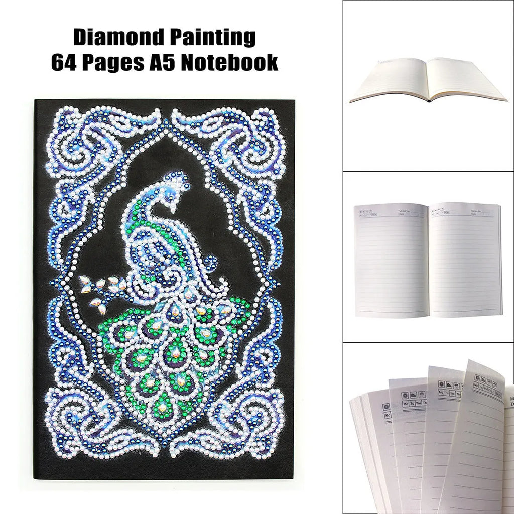 Black A5 diamond painting notebook for peacock art with shaped and bright drills