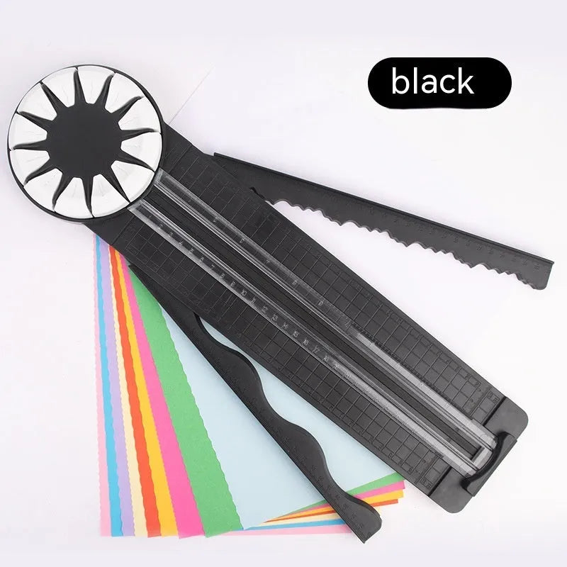 Plastic 12-in-1 paper cutter machine with dotted guide lines in pink colour on white background