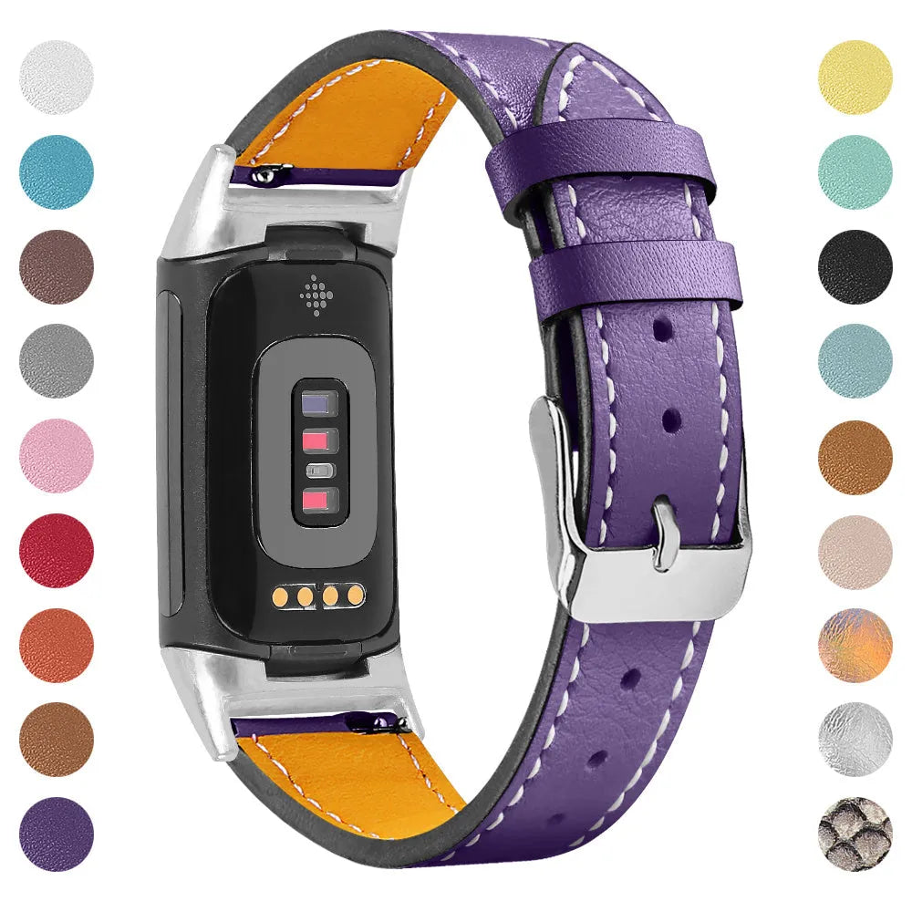 Genuine leather replacement strap for Fitbit Charge 5 and Charge 6 smartwatches in multiple colour options.