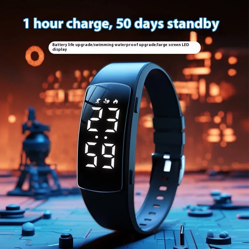 Waterproof vibration alarm electronic watch with LED display on silicone strap