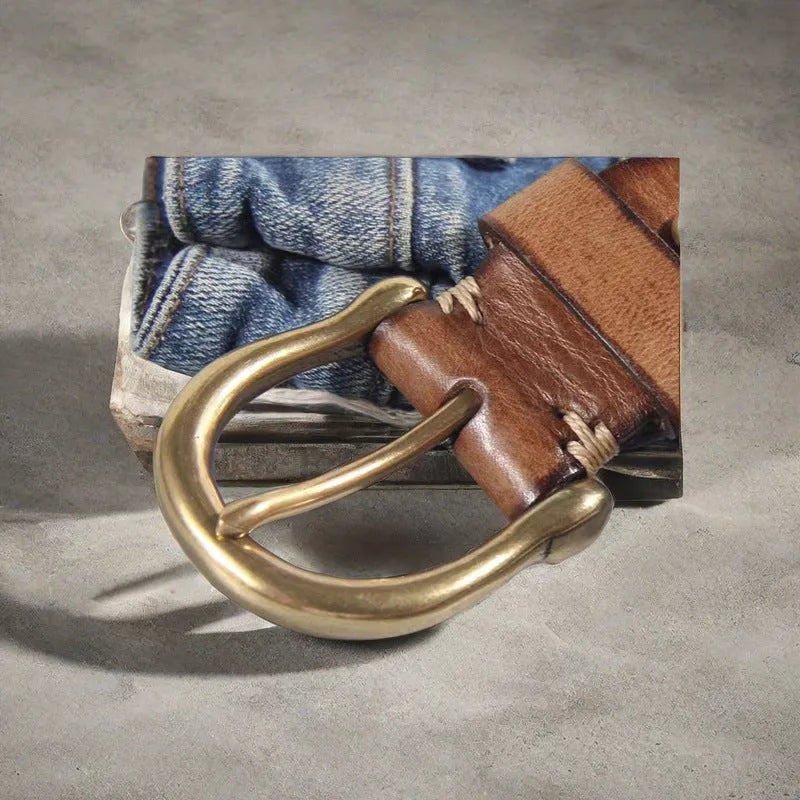 Men's casual belt in first layer cattlehide leather with copper pin buckle in black, brown, or khaki.