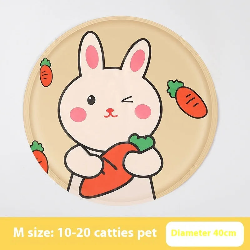 Round pet cooling mat with colourful cartoon design for dogs, showing gel filling and cloth cover