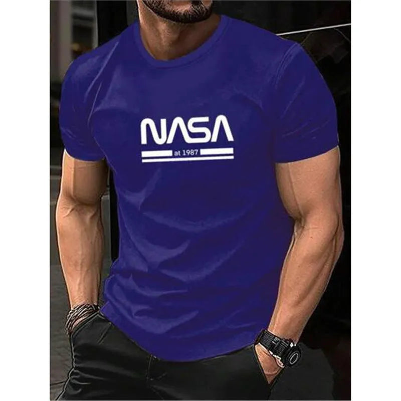 Printed slim-fit men's short sleeve cotton T-shirt on a hanger, shown in multiple colour options.