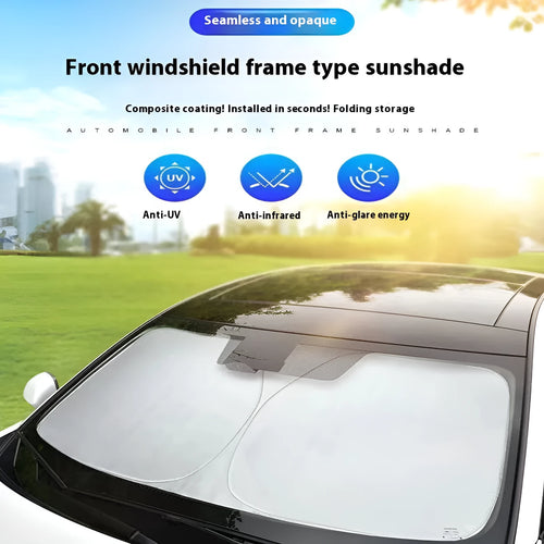 Aluminium foil car sunshade showing reflective silver surface with size dimensions displayed