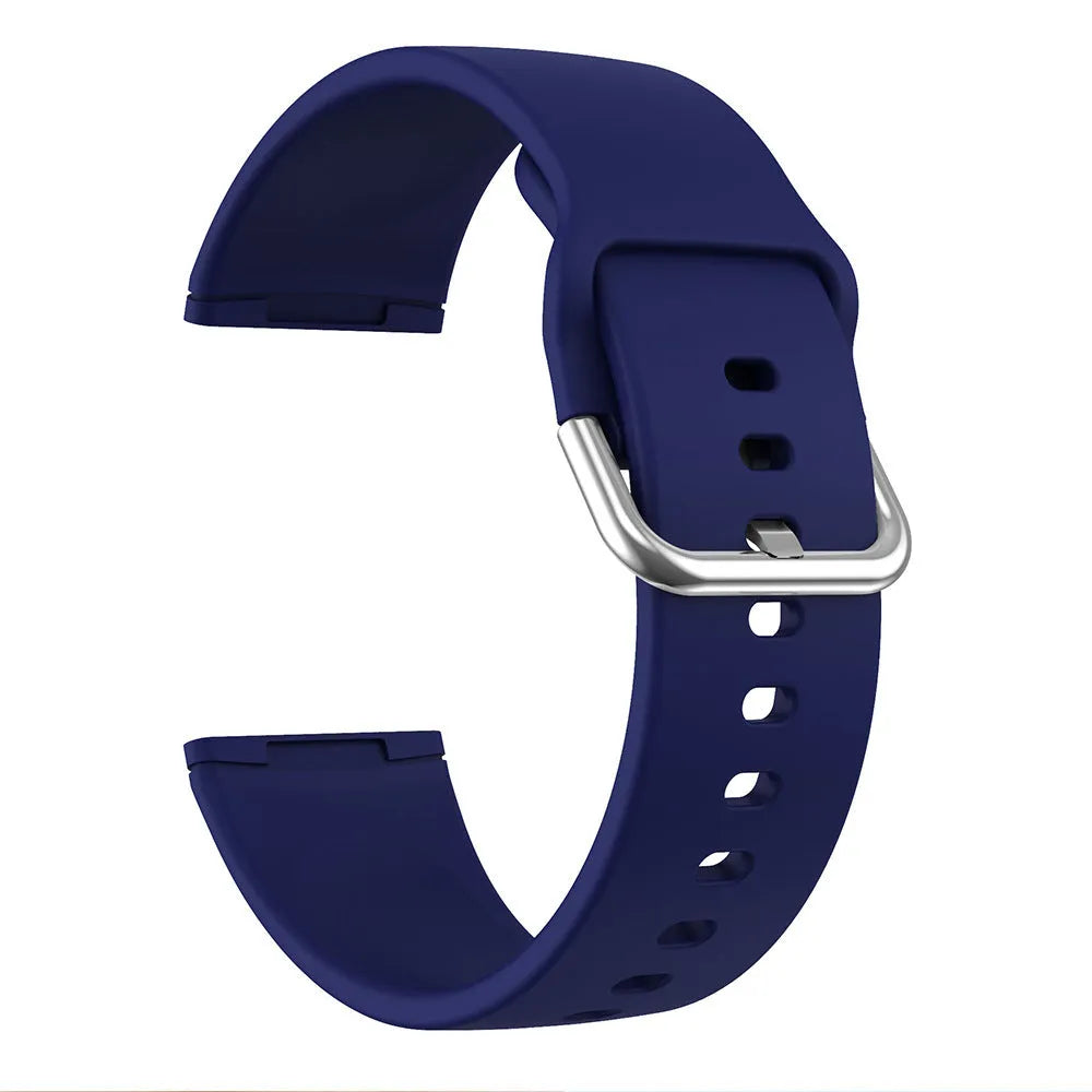 Silicone watch strap with silver buckle for Fitbit Versa 3 and Sense 2 in multiple colour options.