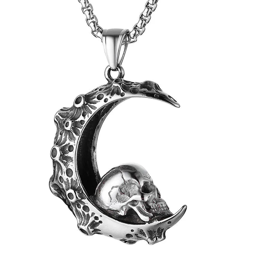 Men's silver skull necklace with alloy pendant and stainless steel chain in sports style