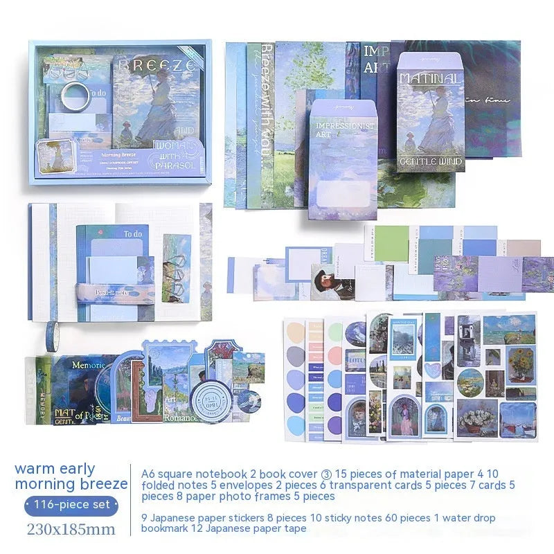 A6 grid notebook journal gift box with artistic plaid design including cards, photo frames, stickers, and paper accessories