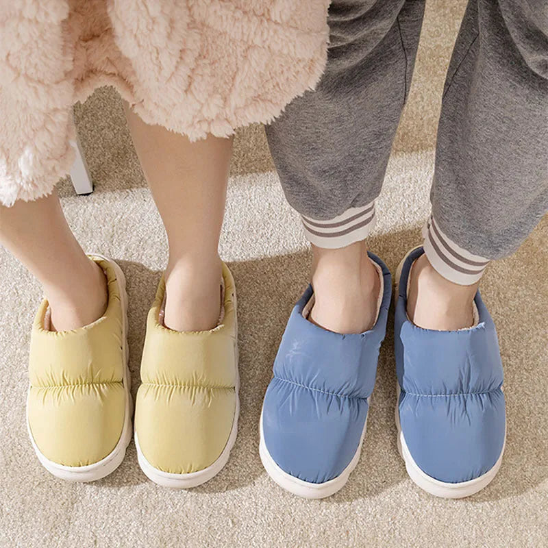 Down cotton plush slippers with thick rubber soles in blue, green, grey, pink, or yellow colours