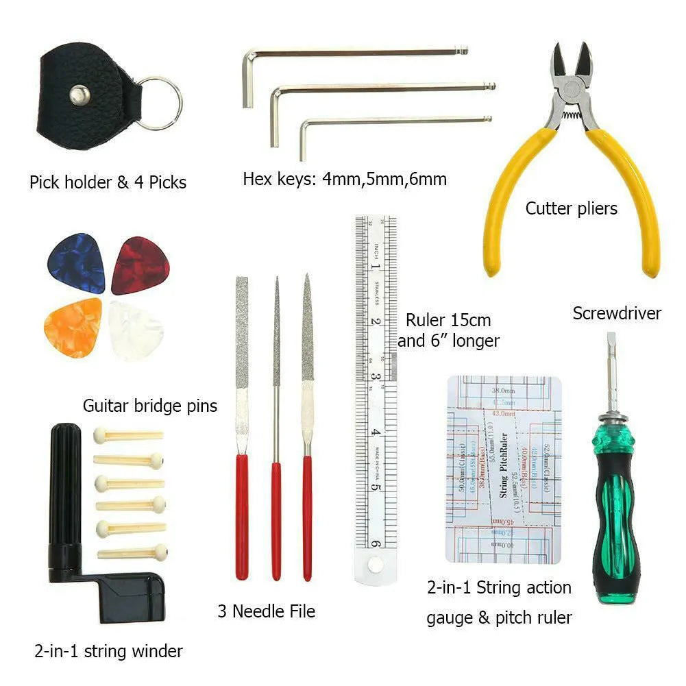 Black guitar repair tool kit for guitar bass mandolin banjo, case size 200x100x45mm