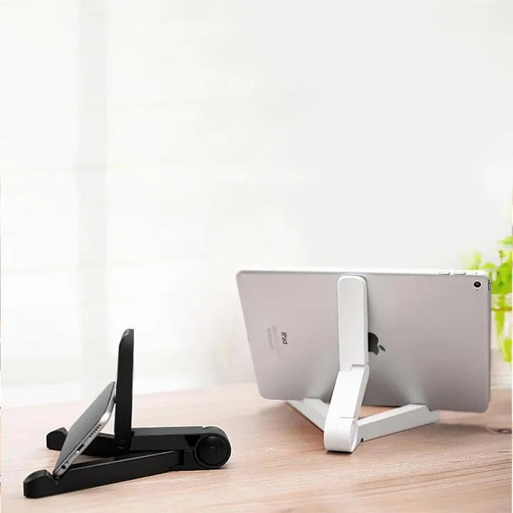 Black foldable tablet holder open in landscape mode holding a smartphone, showing side adjustment buttons.