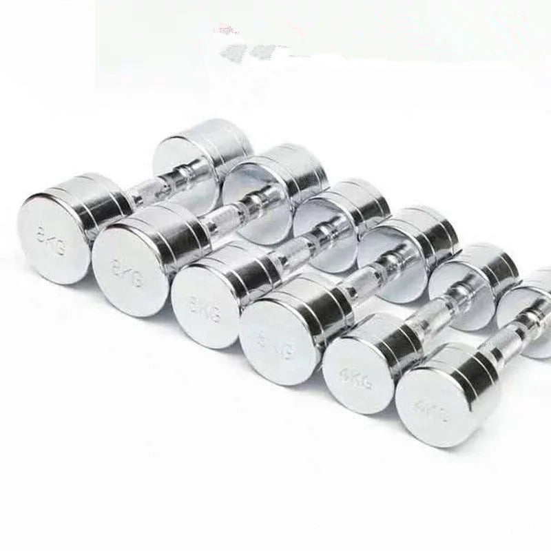 Silver pure steel dumbbell with hexagonal grip on a grey background.
