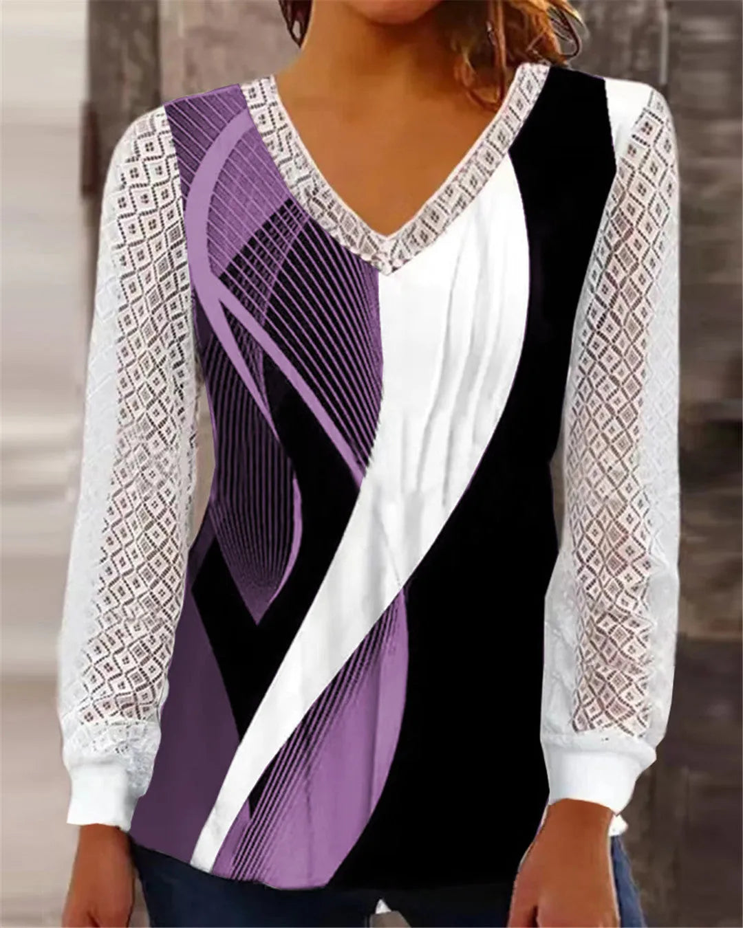 Women's loose v-neck top with hollow-out lace print in purple colour