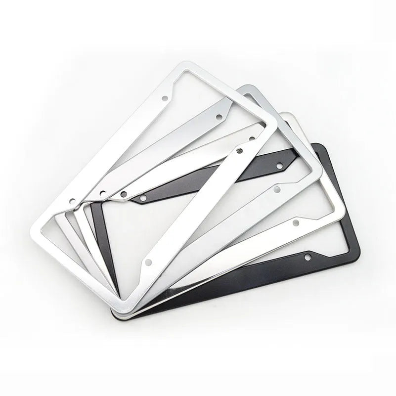 Aluminium alloy stainless steel licence plate frame in black, grey, silver, and steel finishes.
