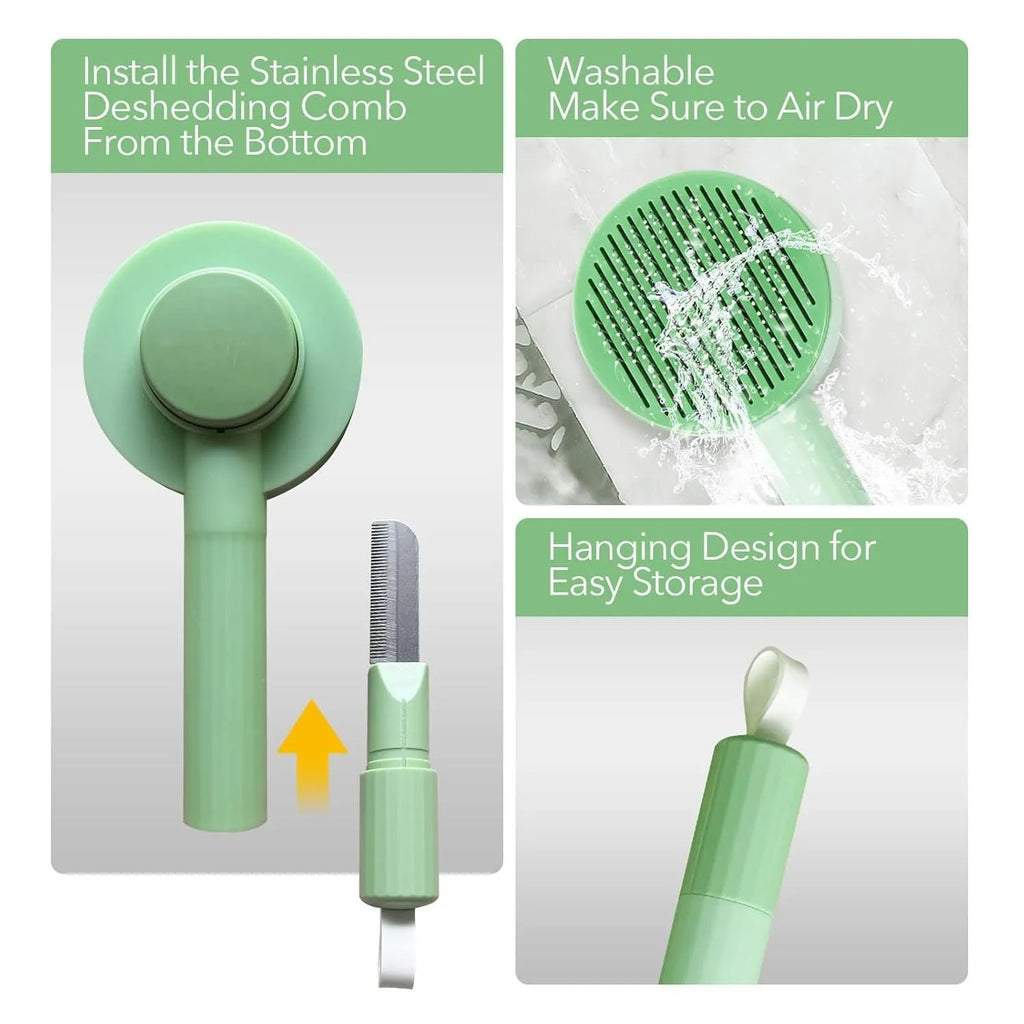 Green 2-in-1 pet grooming brush with stainless steel teeth for cats and dogs measuring 17.5cm
