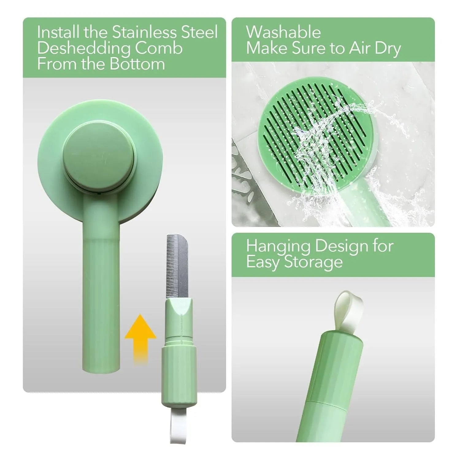 Green 2-in-1 pet grooming brush with stainless steel teeth for cats and dogs measuring 17.5cm