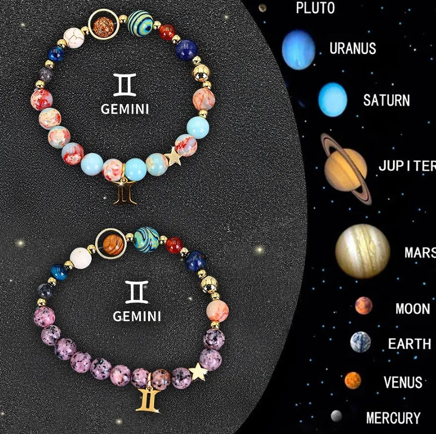 Two natural stone beaded bracelets showing zodiac sign designs for all twelve astrological symbols