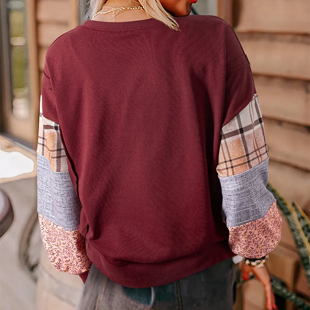 Women's loose plaid top with long sleeves in apricot colour showing Japanese-Korean casual styling