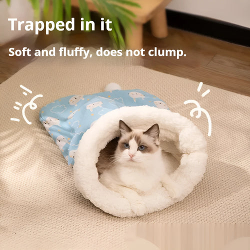 Flannel cat sleeping bag nest in blue rabbit, pink Trojan, and stripe designs, 50x40 cm.