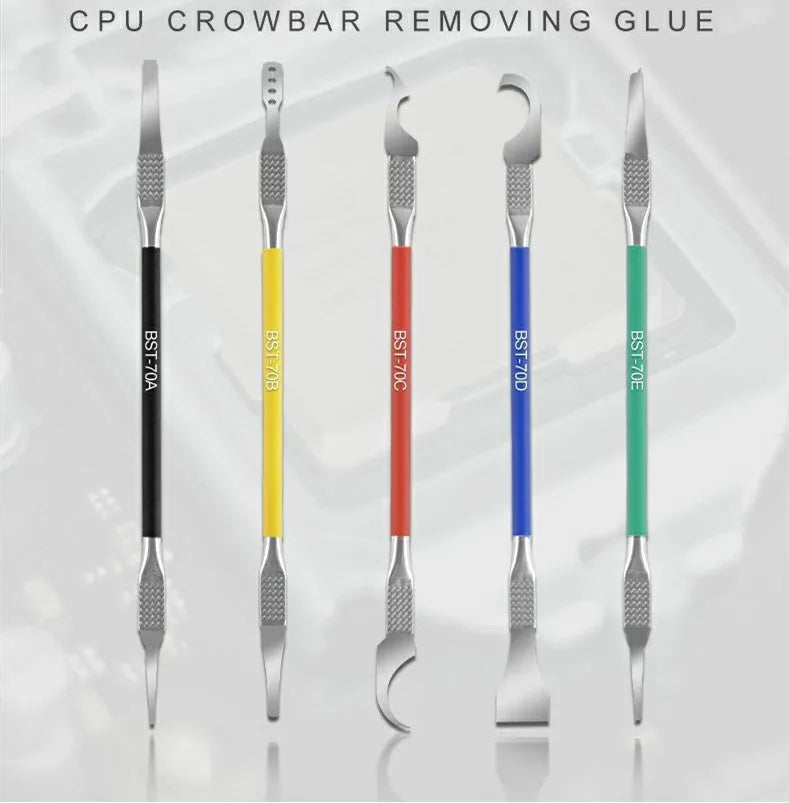 Stainless steel five-piece tool knife and crowbar set for dismantling plastic components.