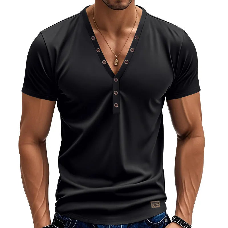 Men's loose V-neck pullover with button design in chemical fibre blend fabric