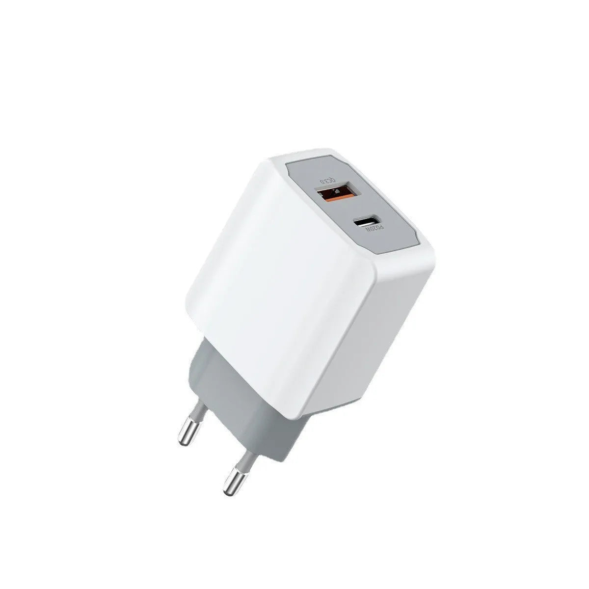 White phone fast charge charger set with USB cable and charging head on white background