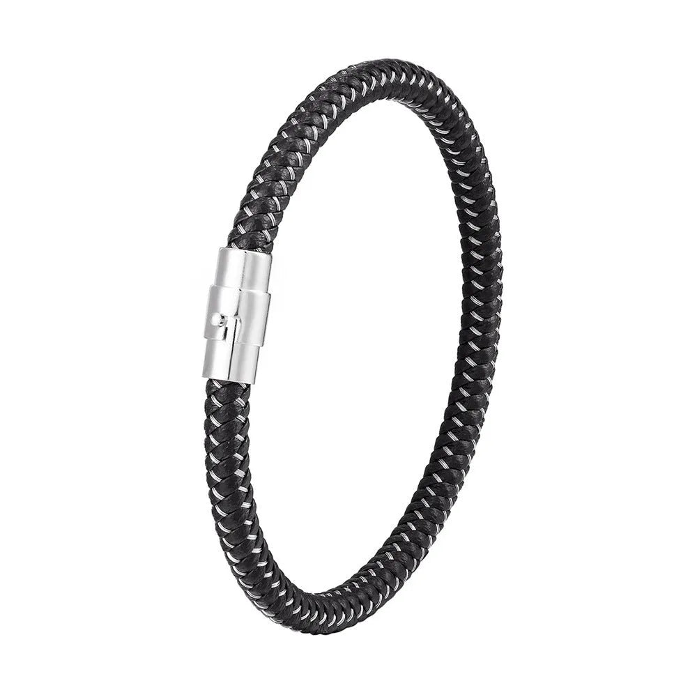 Titanium steel geometric wire bracelet with a magnetic clasp shown in various sizes.