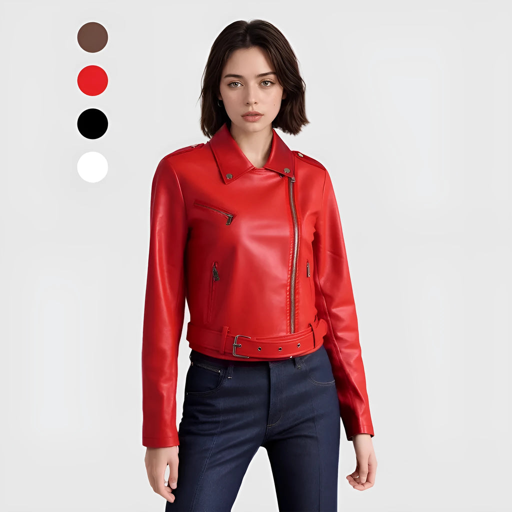 Women's black PU leather jacket with lapel waist belt on hanger