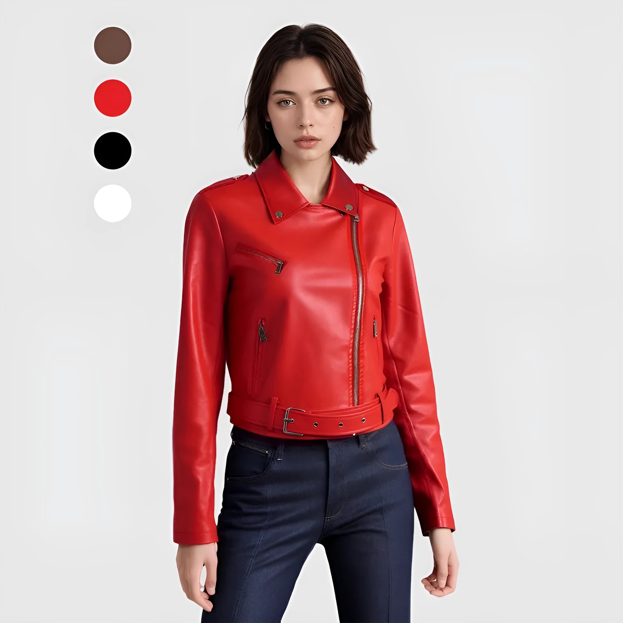 Women's black PU leather jacket with lapel waist belt on hanger